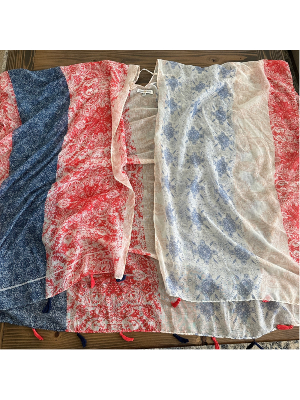 Woven Heart Swim Cover Up Women's S Red Blue Boho Kimono Tassel Beachwear